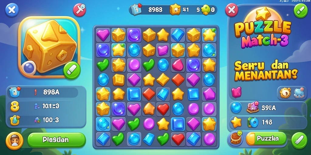 Tampilan antarmuka game Puzzle Match-3 yang menarik dan penuh warna.