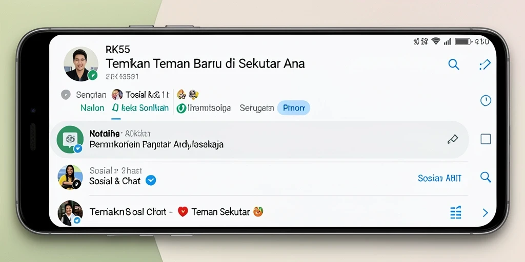 Tampilan antarmuka aplikasi RK55 menunjukkan fitur pencarian teman.